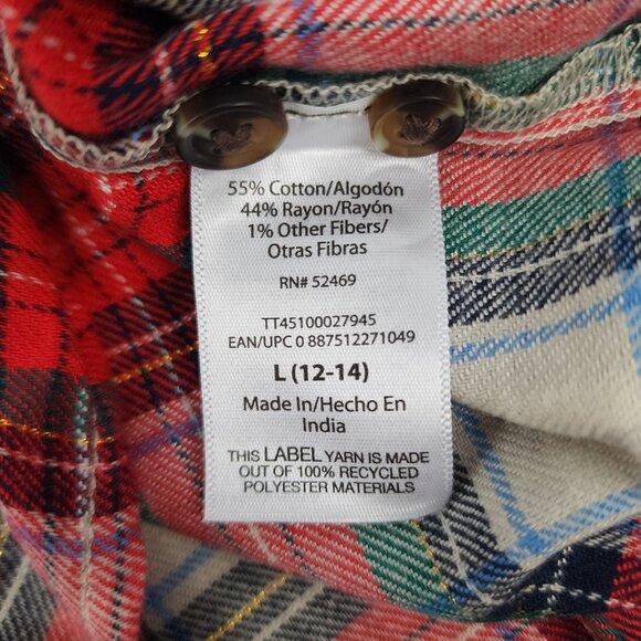 New Time & Tru Womens Large 12-14 White Red Green Plaid Button Up Flannel Shirt - Picture 10 of 11
